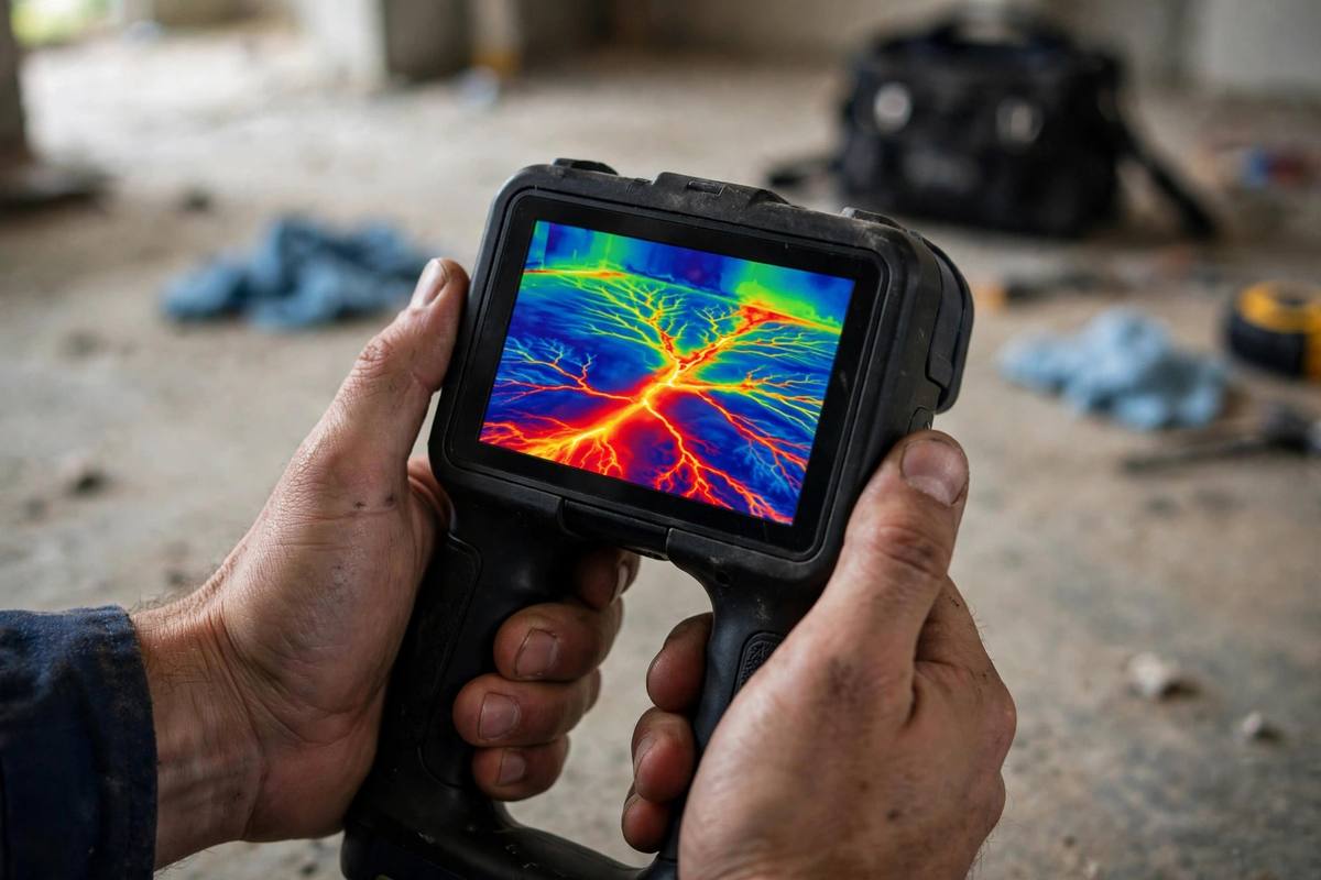 Thermal imaging camera showing a hidden hot water slab leak under a floor in Wake Forest, NC